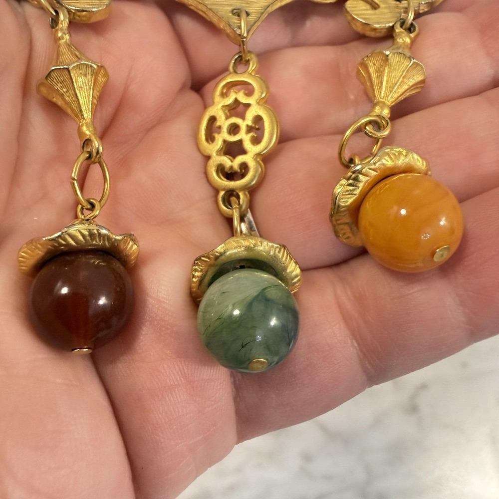 Vintage HUGE Matte Gold Etruscan Style Dangle Acrylic Bead Brooch Renaissance - Picture 5 of 6
